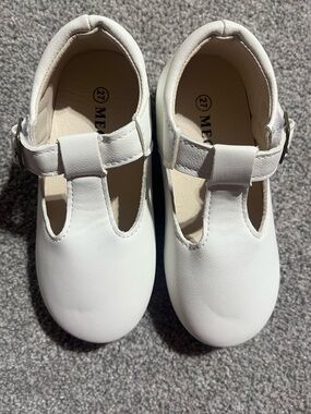 White T-Strap Kids Dress Shoes with Buckle